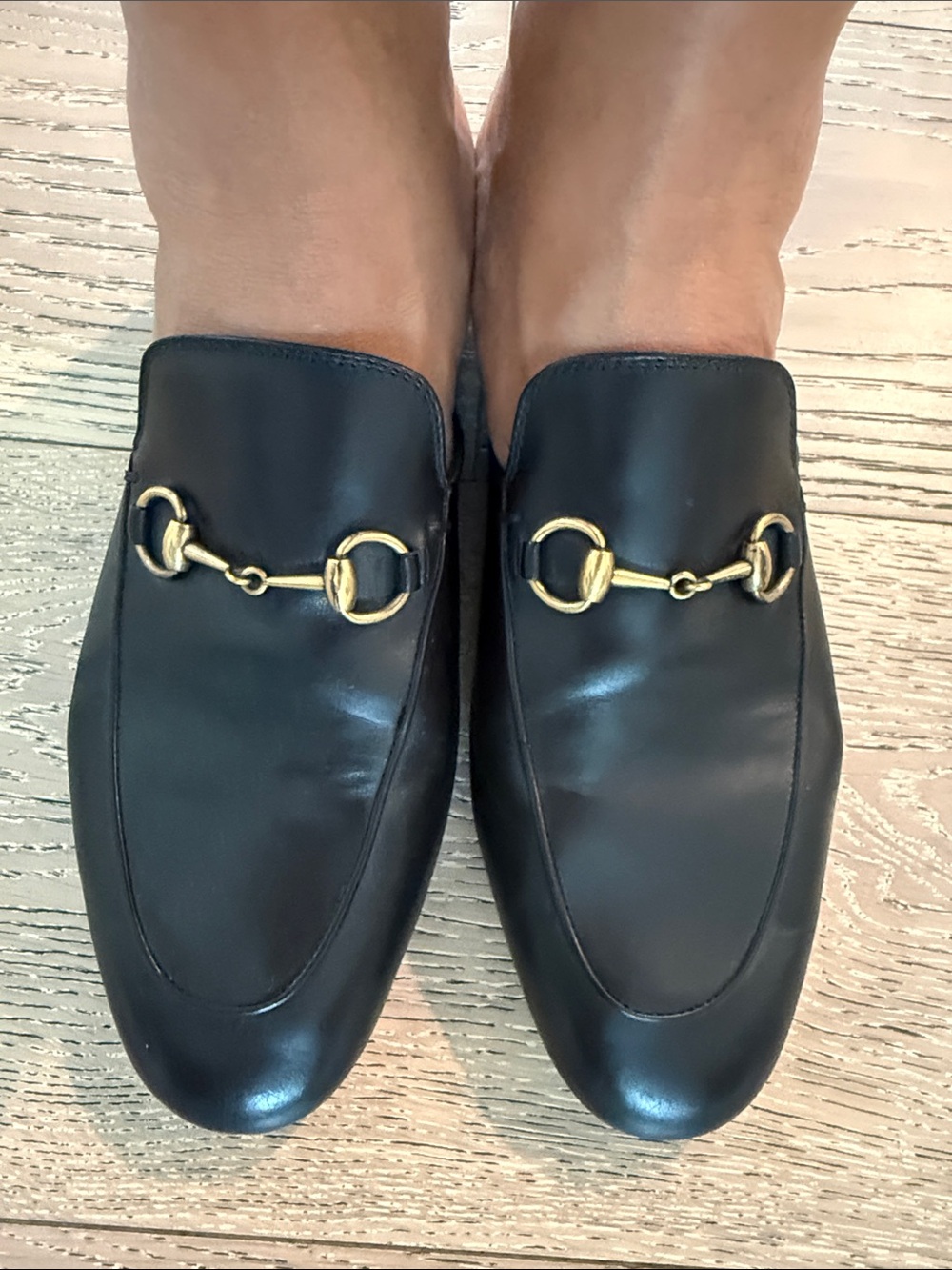 Gucci Black Leather Horsebit Slide Mules with Gold Hardware 39.5